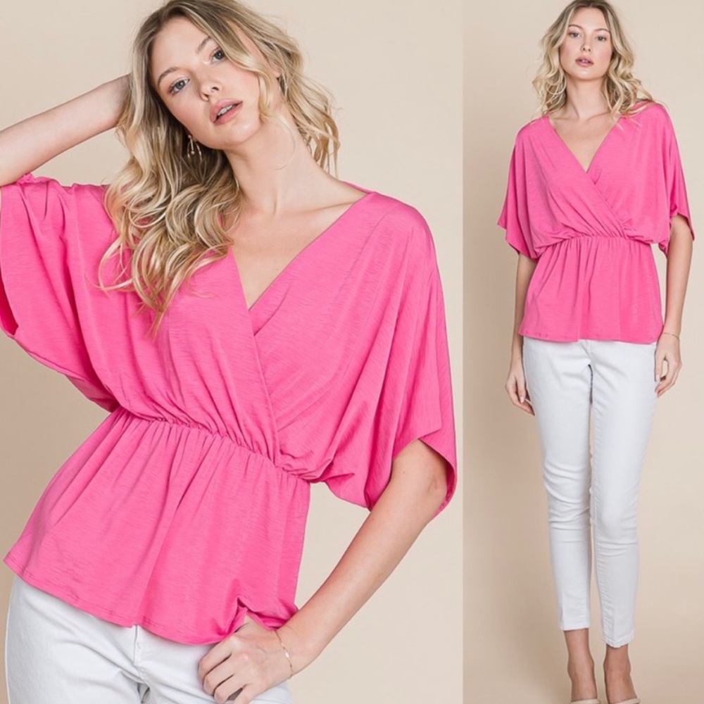 💕 V Neck Wrap Front Cinched Elasticized Waist Hot Pink Multi Use Top
